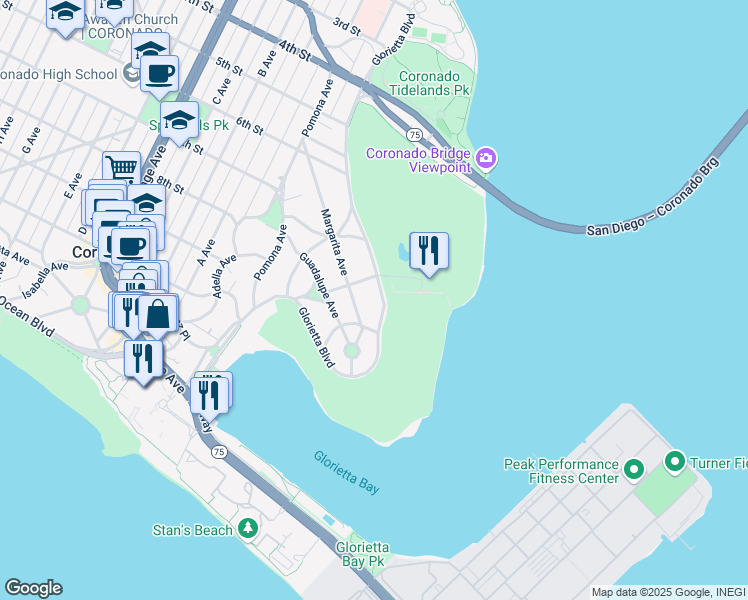 map of restaurants, bars, coffee shops, grocery stores, and more near 944 Orange Avenue in Coronado