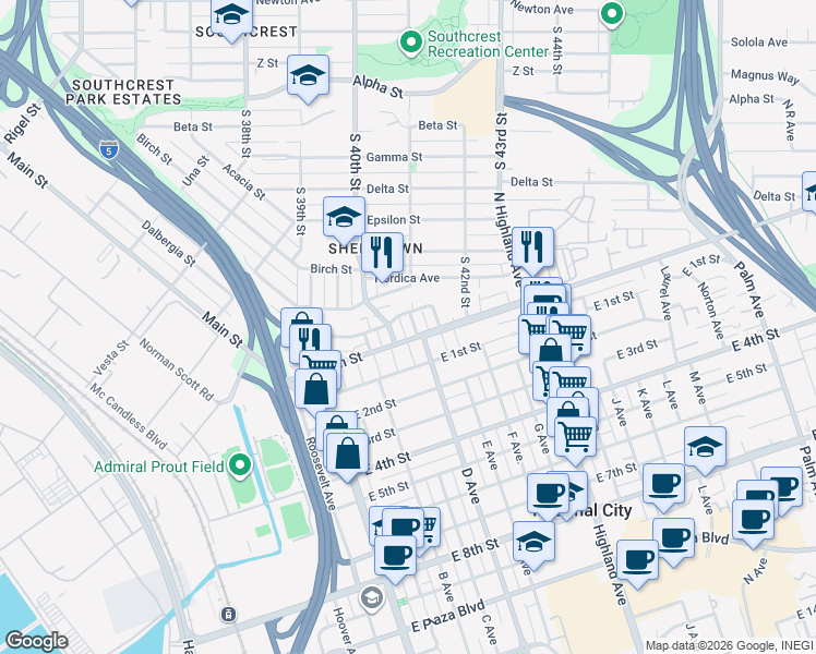 map of restaurants, bars, coffee shops, grocery stores, and more near 248 Division Street in National City