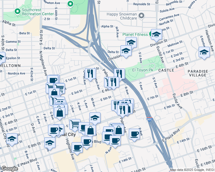 map of restaurants, bars, coffee shops, grocery stores, and more near 1430 East 4th Street in National City