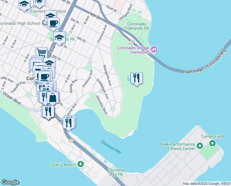 map of restaurants, bars, coffee shops, grocery stores, and more near 817 Margarita Avenue in Coronado