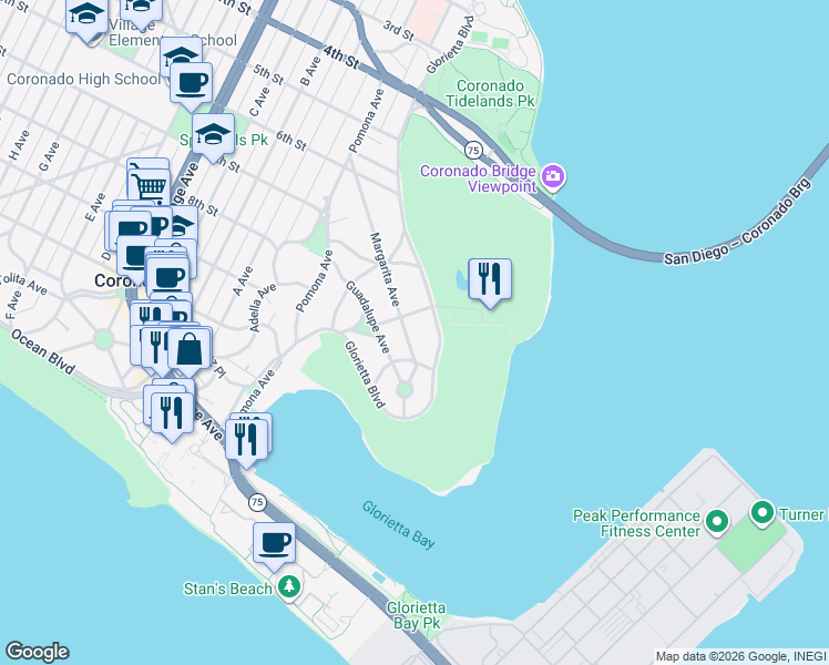 map of restaurants, bars, coffee shops, grocery stores, and more near 817 Margarita Avenue in Coronado