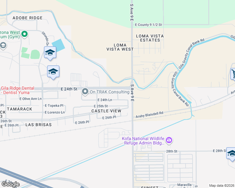map of restaurants, bars, coffee shops, grocery stores, and more near 11593 East 24th Place in Yuma