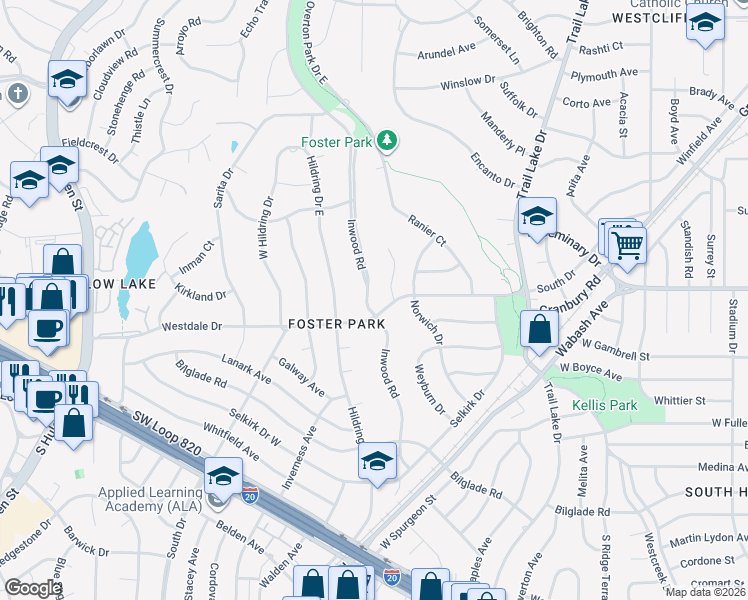 map of restaurants, bars, coffee shops, grocery stores, and more near 4300 Inwood Road in Fort Worth