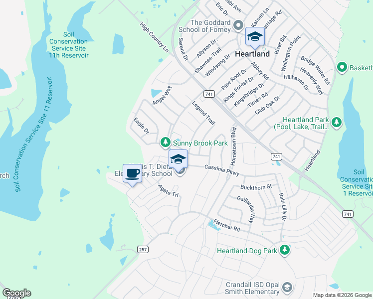 map of restaurants, bars, coffee shops, grocery stores, and more near 3322 Cassinia Parkway in Forney