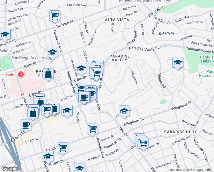 map of restaurants, bars, coffee shops, grocery stores, and more near 1003 Manchester Street in National City