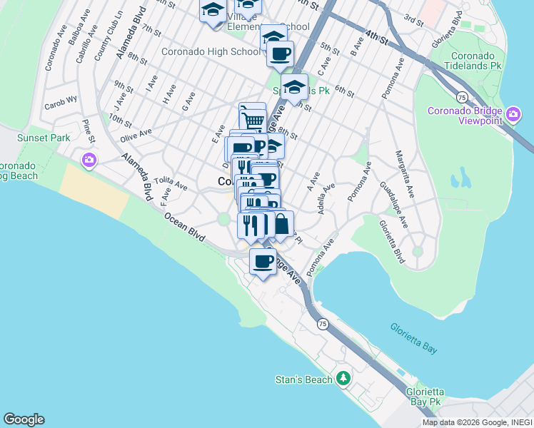 map of restaurants, bars, coffee shops, grocery stores, and more near 1050 Orange Avenue in Coronado
