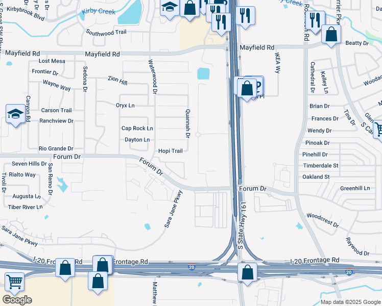 map of restaurants, bars, coffee shops, grocery stores, and more near 3560 Quannah Drive in Grand Prairie