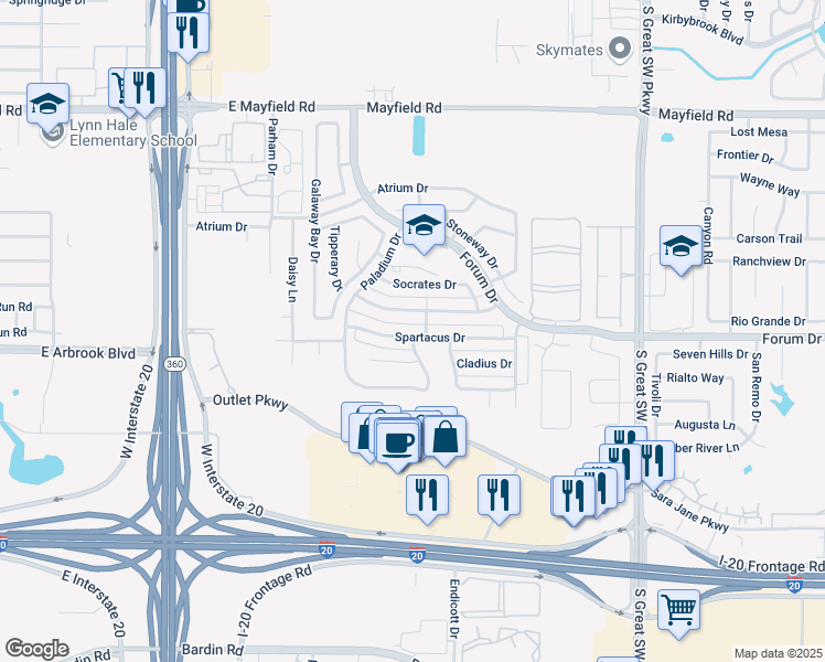map of restaurants, bars, coffee shops, grocery stores, and more near 2908 Olympia Drive in Grand Prairie