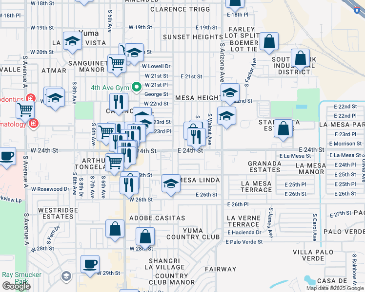 map of restaurants, bars, coffee shops, grocery stores, and more near 2398 S Madison Ave in Yuma