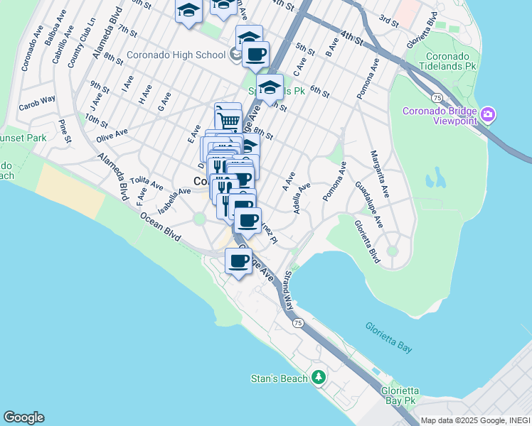 map of restaurants, bars, coffee shops, grocery stores, and more near 1010 A Avenue in Coronado