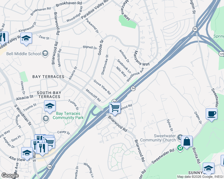 map of restaurants, bars, coffee shops, grocery stores, and more near 1878 Sherbrooke Street in San Diego