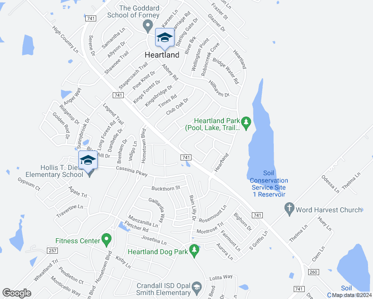 map of restaurants, bars, coffee shops, grocery stores, and more near 2006 Rushing Creek Drive in Heartland