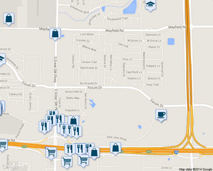 map of restaurants, bars, coffee shops, grocery stores, and more near 3558 Sedona Drive in Grand Prairie