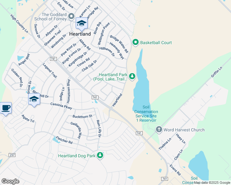 map of restaurants, bars, coffee shops, grocery stores, and more near 4006 Silver Lake Trail in Heartland