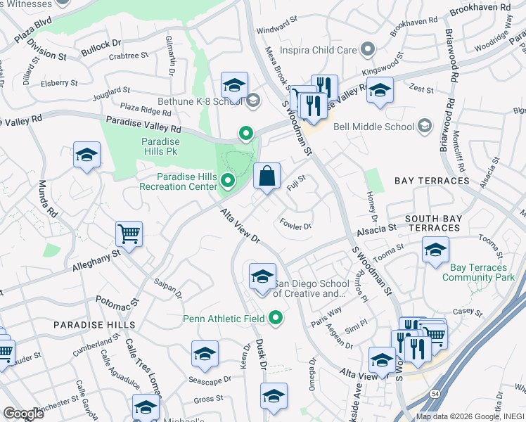 map of restaurants, bars, coffee shops, grocery stores, and more near 6797 Doriana Street in San Diego