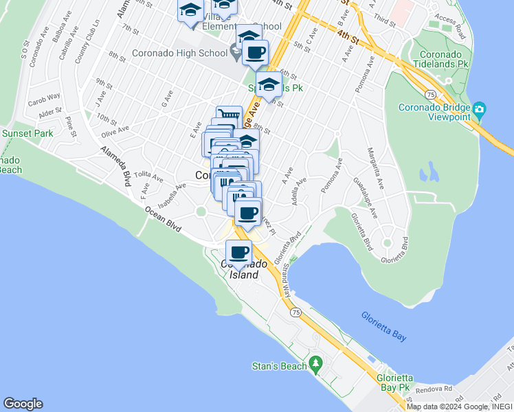 map of restaurants, bars, coffee shops, grocery stores, and more near in Coronado
