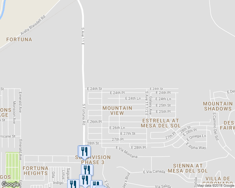 map of restaurants, bars, coffee shops, grocery stores, and more near 11231 East 24th Place in Yuma