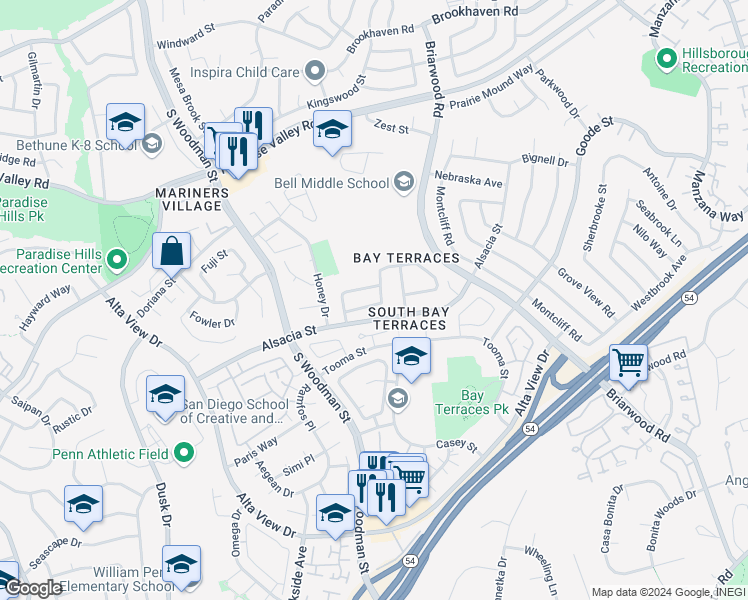 map of restaurants, bars, coffee shops, grocery stores, and more near 7040 Gunzan Street in San Diego