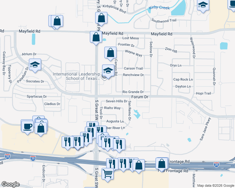 map of restaurants, bars, coffee shops, grocery stores, and more near 3535 Tamarack Drive in Grand Prairie