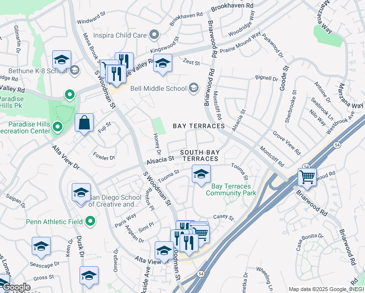 map of restaurants, bars, coffee shops, grocery stores, and more near 7040 Gunzan Street in San Diego