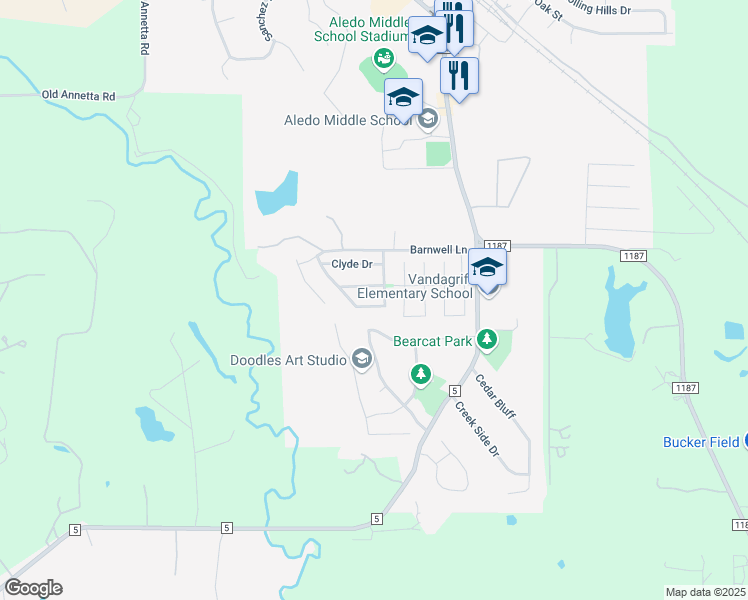 map of restaurants, bars, coffee shops, grocery stores, and more near 303 Howard Way Drive in Aledo