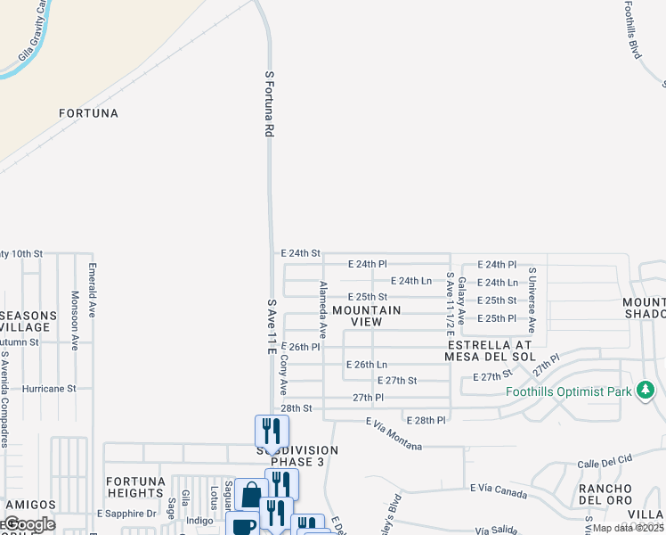 map of restaurants, bars, coffee shops, grocery stores, and more near East 24th Street in Yuma
