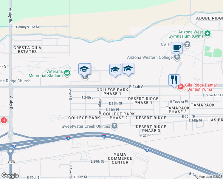 map of restaurants, bars, coffee shops, grocery stores, and more near 7370 East 24th Place in Yuma