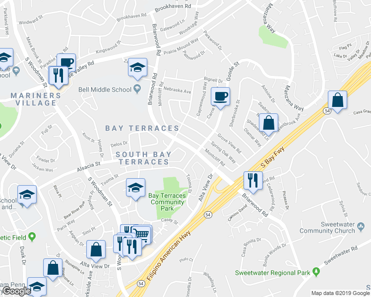 map of restaurants, bars, coffee shops, grocery stores, and more near 7266 Oakham Way in San Diego