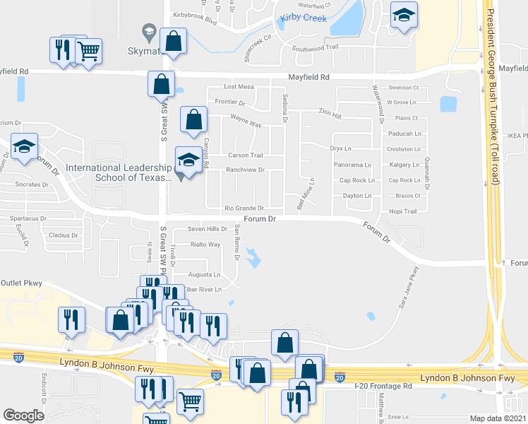 map of restaurants, bars, coffee shops, grocery stores, and more near 2423 Rio Grande Drive in Grand Prairie