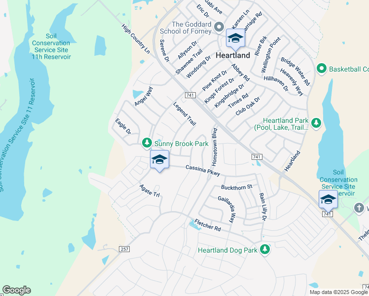 map of restaurants, bars, coffee shops, grocery stores, and more near 2114 Long Forest Road in Forney