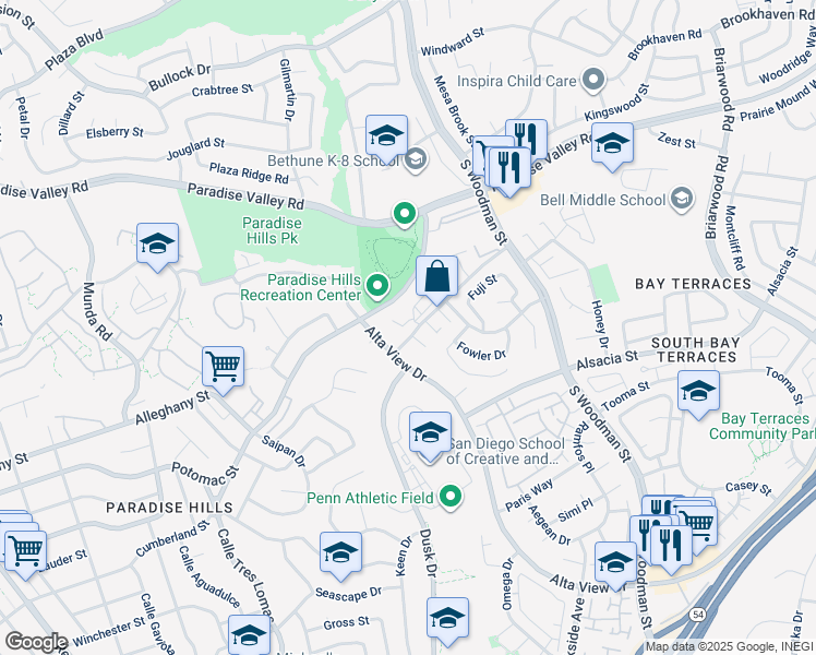 map of restaurants, bars, coffee shops, grocery stores, and more near 6670 Doriana Street in San Diego
