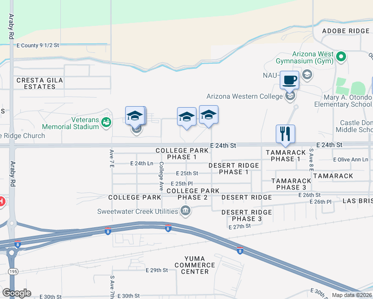 map of restaurants, bars, coffee shops, grocery stores, and more near 7370 East 24th Place in Yuma