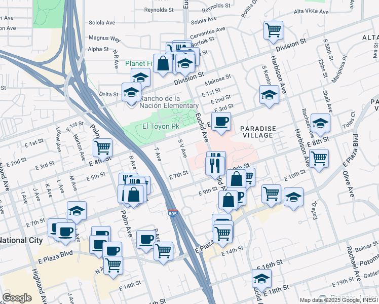 map of restaurants, bars, coffee shops, grocery stores, and more near 424 South V Avenue in National City