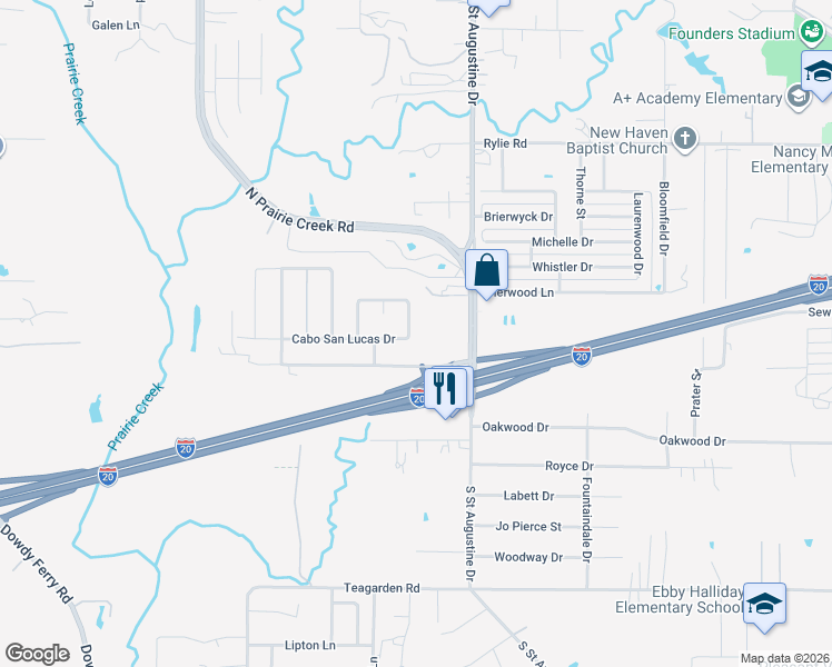 map of restaurants, bars, coffee shops, grocery stores, and more near 1613 Canary Island Court in Dallas