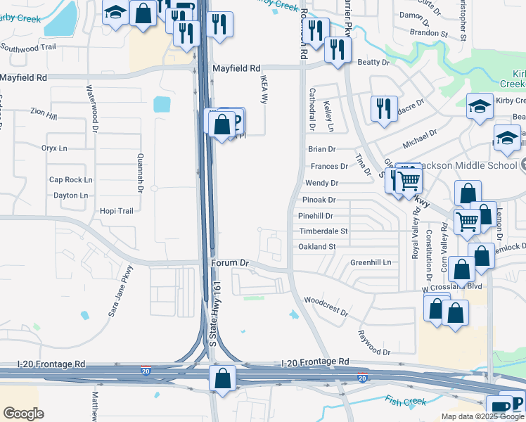 map of restaurants, bars, coffee shops, grocery stores, and more near 3602 South Robinson Road in Grand Prairie