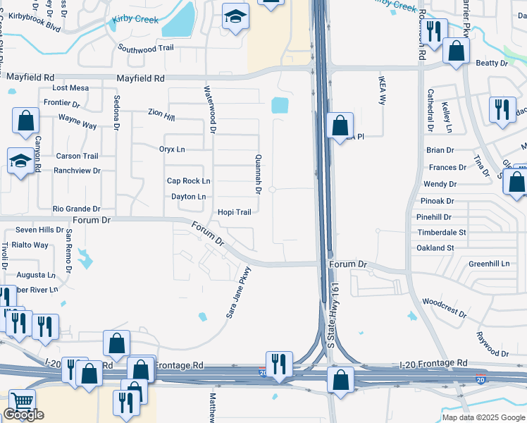 map of restaurants, bars, coffee shops, grocery stores, and more near 3544 Quannah Drive in Grand Prairie