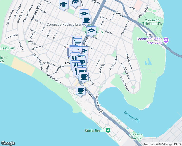 map of restaurants, bars, coffee shops, grocery stores, and more near 1320 10th Street in Coronado