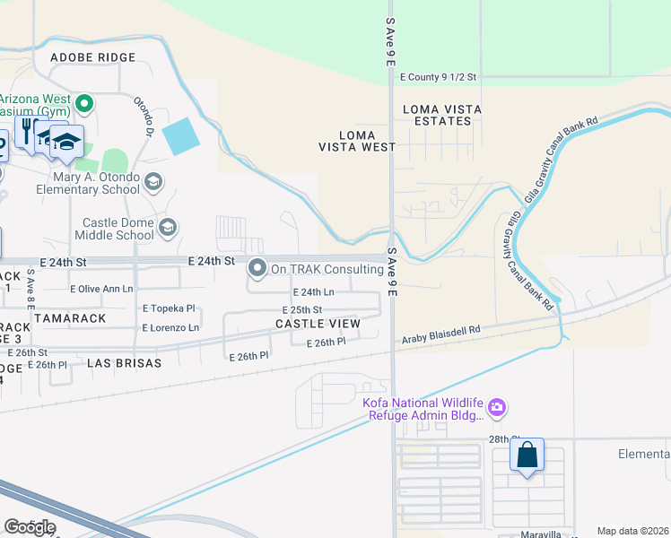 map of restaurants, bars, coffee shops, grocery stores, and more near East 24th Street in Yuma
