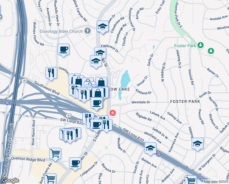 map of restaurants, bars, coffee shops, grocery stores, and more near 4201 Clear Lake Circle in Fort Worth