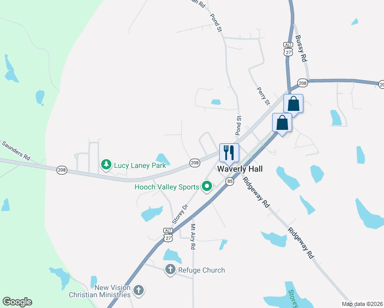 map of restaurants, bars, coffee shops, grocery stores, and more near 44 Rolling Meadows Way in Waverly Hall