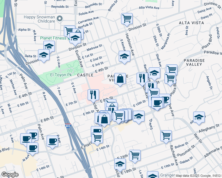 map of restaurants, bars, coffee shops, grocery stores, and more near 2735 East 7th Street in National City