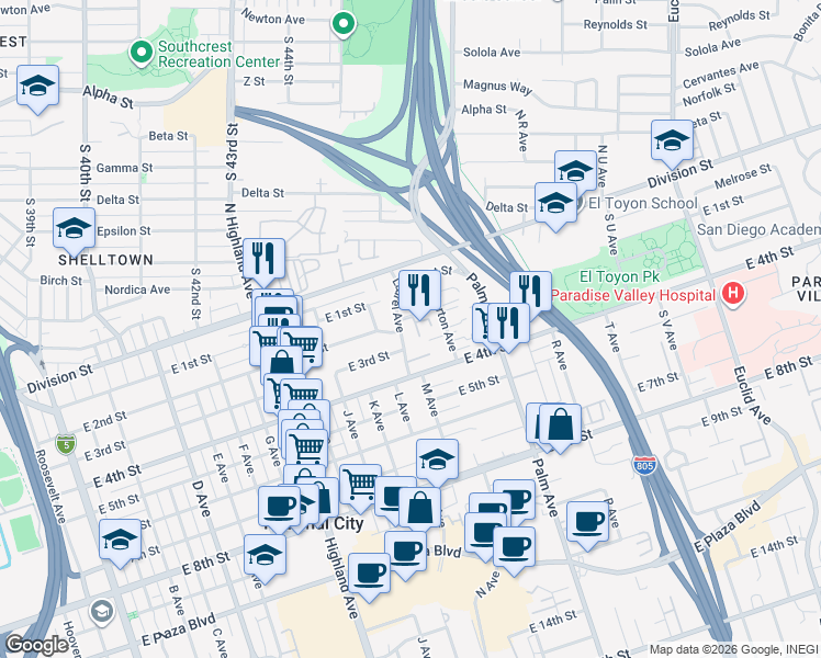 map of restaurants, bars, coffee shops, grocery stores, and more near 203 Laurel Avenue in National City