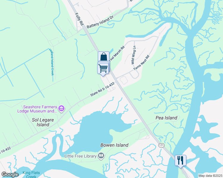 map of restaurants, bars, coffee shops, grocery stores, and more near 1986 Folly Road in Charleston