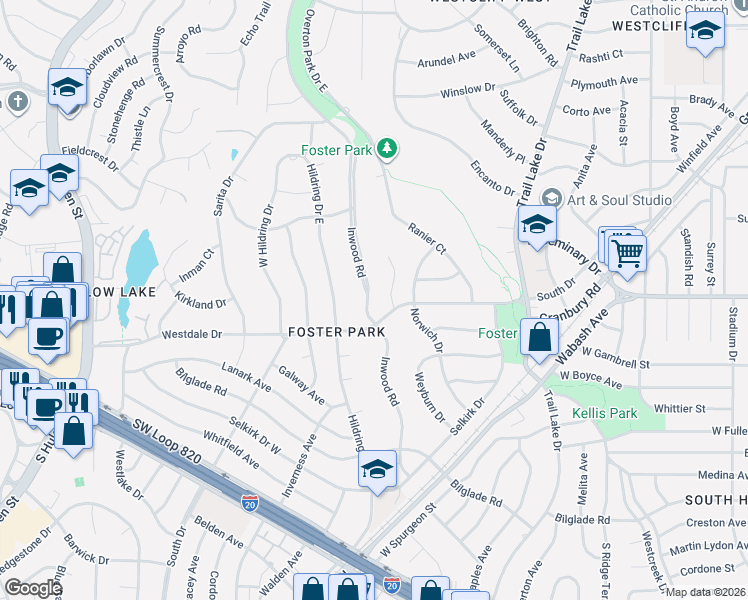 map of restaurants, bars, coffee shops, grocery stores, and more near 4205 Inwood Road in Fort Worth