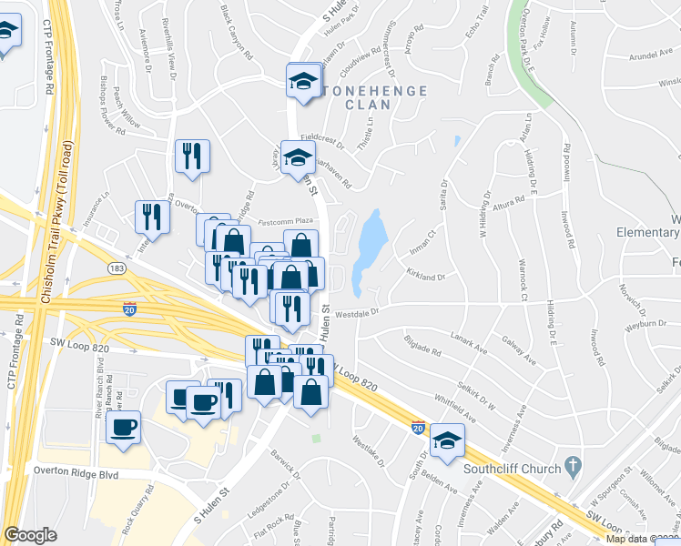 map of restaurants, bars, coffee shops, grocery stores, and more near 4201 Clear Lake Circle in Fort Worth