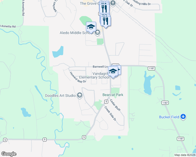 map of restaurants, bars, coffee shops, grocery stores, and more near 400 Taos Court East in Aledo