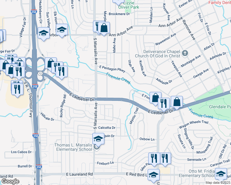 map of restaurants, bars, coffee shops, grocery stores, and more near 907 East Ledbetter Drive in Dallas