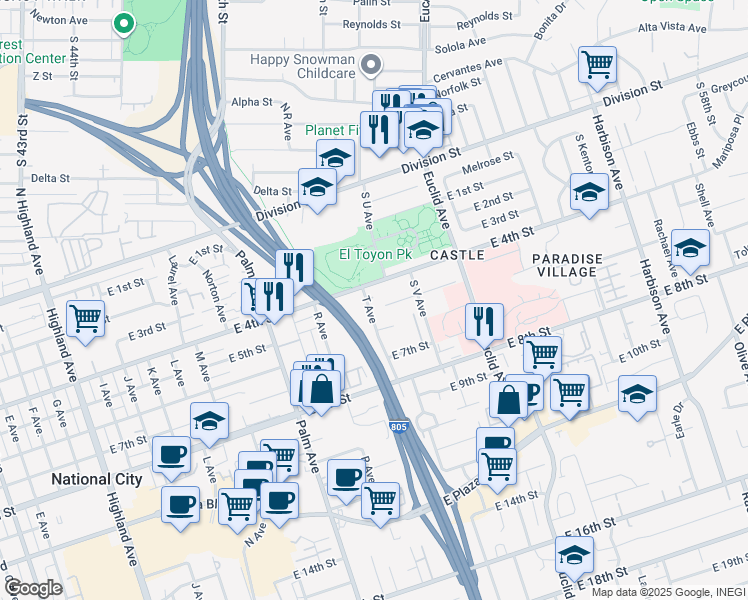 map of restaurants, bars, coffee shops, grocery stores, and more near 421 T Avenue in National City