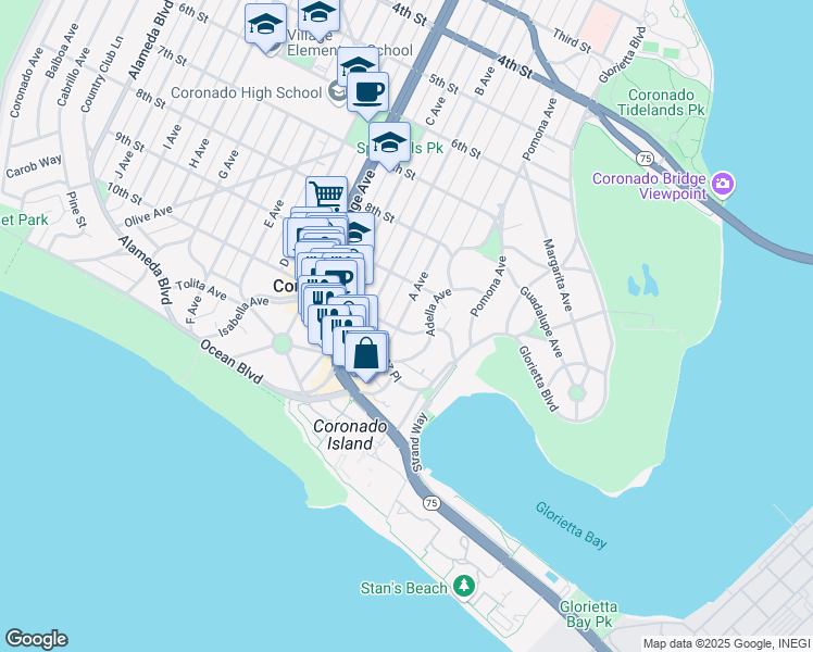 map of restaurants, bars, coffee shops, grocery stores, and more near 1405 10th Street in Coronado