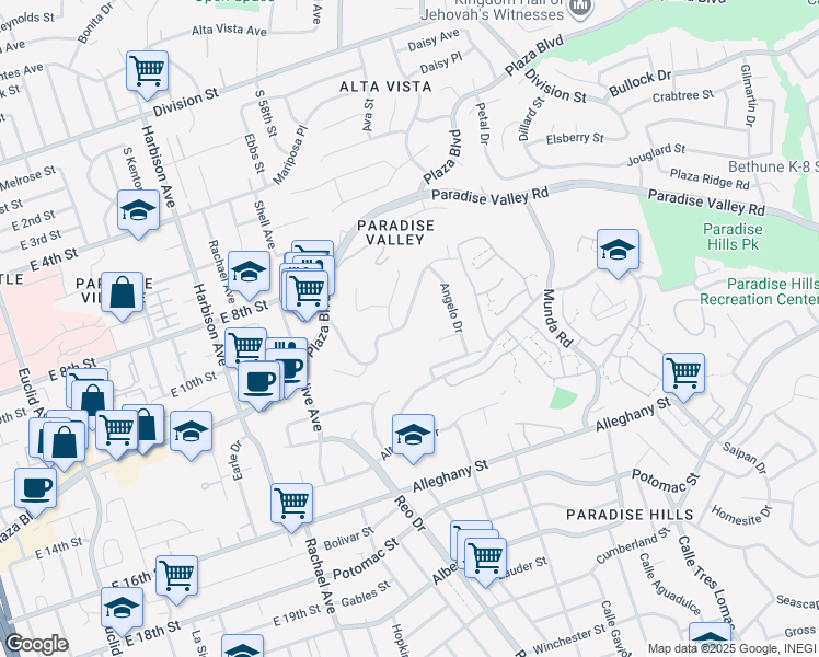 map of restaurants, bars, coffee shops, grocery stores, and more near 1228 Manchester Street in National City
